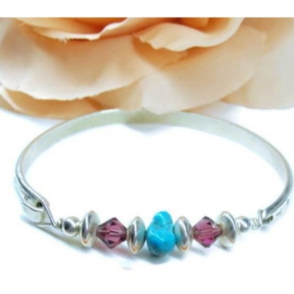 Vintage Bracelet Sterling Silver 925 Turquoise Purple Bead Latching Bangle - Picture 1 of 12